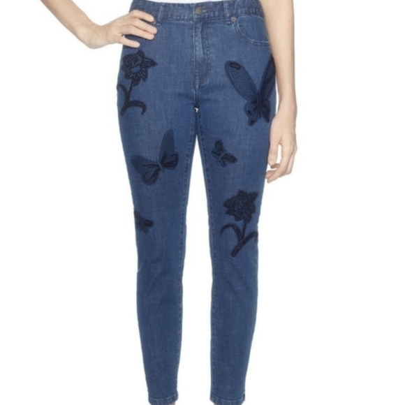 Magaschoni Butterfly Embroidered Beaded Bohemian Skinny Embellishments Jeans 14 - Picture 1 of 9